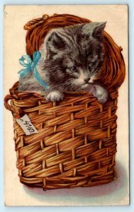 CUTE KITTEN in BASKET Blue Bow - Embossed 1908 Postcard