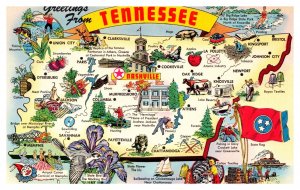 Postcard TN Greetings from Tennessee - Map State Flag Flower