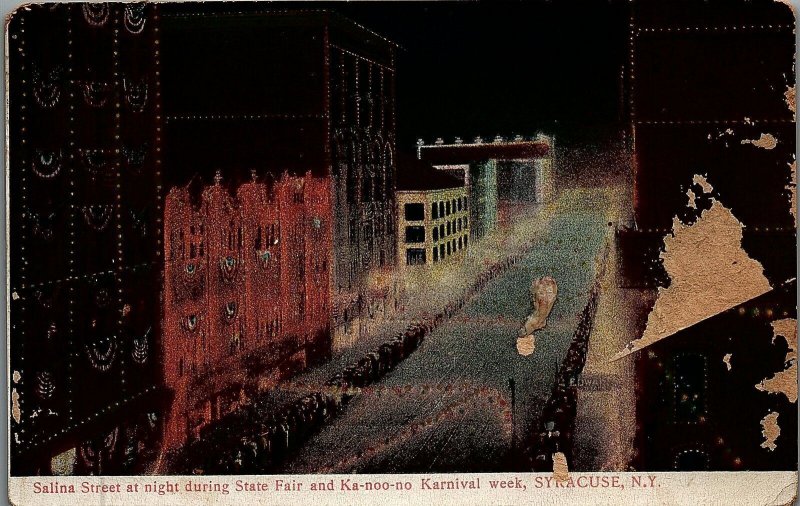 1909 SYRACUSE NY SALINA STREET NIGHT STATE FAIR KA-NOO-NO KARNIV POSTCARD 25-188