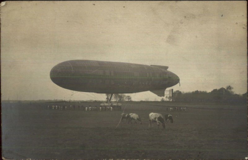 Dirigible Airship Blimp in Field w/ Cows c1910 French Real Photo Postcard