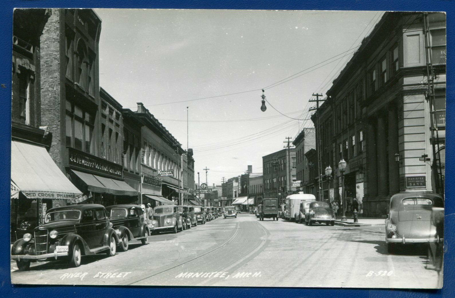 Manistee michigan mi River Street 1930s old autos cars real photo