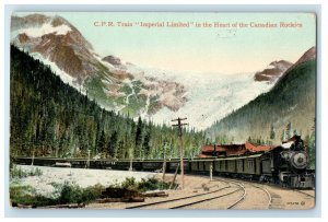 c1910 C.P.R. Train Imperial Limited In The Heart of Canadian Rockies Postcard 