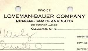 1939 LOVEMAN-BAUER CO. CLEVELAND OH DRESSES COATS SUITS BILLHEAD INVOICE Z1033