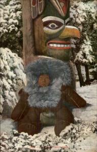 Sleeping Eskimo Baby by Totem Pole c1910 Postcard rpx