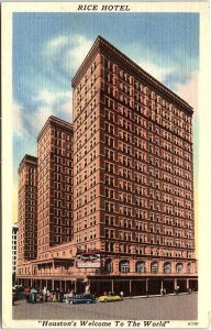 c1940 HOUSTON TEXAS RICE HOTEL HOUSTON'S CONVENTION HOTEL LINEN POSTCARD 39-222