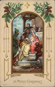 Christmas Nativity Mary Wisemen Jesus Manger Scene c1910 Vintage Postcard