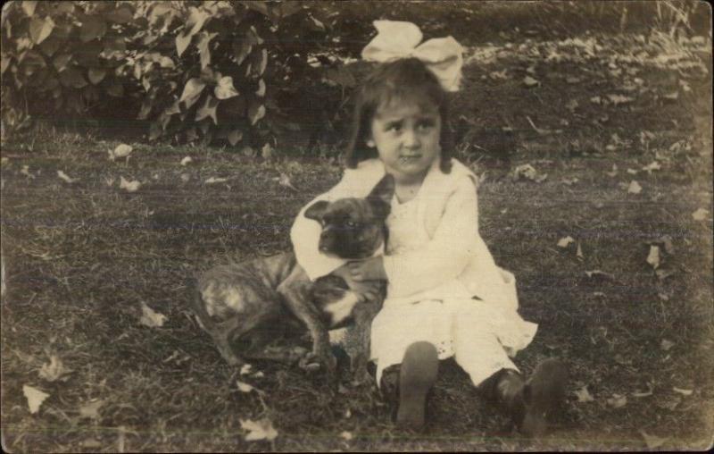 Cute Little Girl Squeezing Her Pupy Dog c1910 Real Photo Postcard