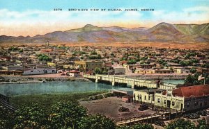 Vintage Postcard 1930's Bird's Eye View of Ciudad Juarez City Mexico MX Bridge