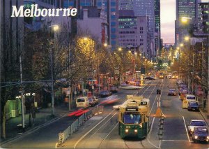 Postcard Australia Melbourne street view tramway evening aspect