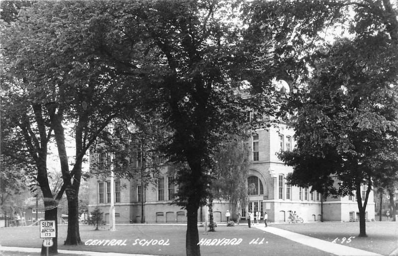 Harvard Illinois~Central School~Students in Front of Entrance~Bicycles~'40s RPPC