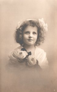 Vintage Postcard 1910's Beautiful Girl Curly Hair White Roses Angelic Face