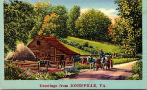 Vtg Scenic Greetings from Jonesville Virginia Barn Farm Horse Wagon Postcard