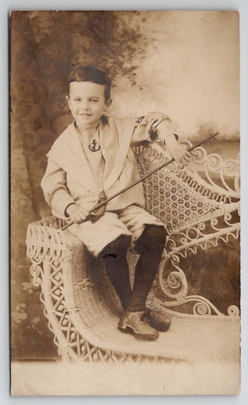 RPPC Cute Little Boy with Walking Stick on Ornate Chair Real Photo Postcard I21