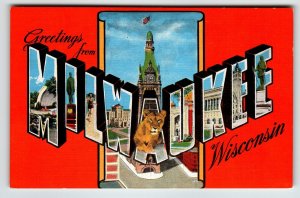 Greetings From Wisconsin Large Big Letter Postcard Tiger Unposted Kropp Vintage