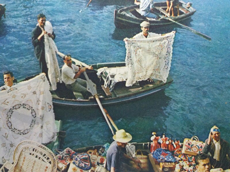 Boat Vendors Selling Wares Alongside Steamer Funchal Bay Madeira Vtg Postcard