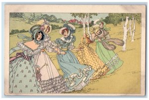 Art Nouveau Postcard Pretty Girls Dress And Big Hat Scene Field Tuck's Antique