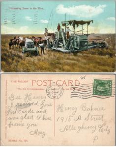 HARVESTING SCENE IN THE WEST 1911 ANTIQUE POSTCARD