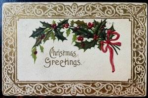 Vintage Victorian Postcard 1908 Christmas Greetings - Ornate Gold Border