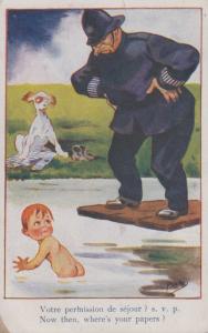 French Policeman Arrests Child Swimmer Antique France Comic Humour WW1 Postcard