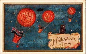 Vintage Jack o' Lantern Pumpkin Balloons, Black Cats & Owl Halloween Postcard