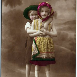 c1900s Adorable Little Boy Hugs Cute Girl RPPC Hand Colored Dress PFB Photo A148