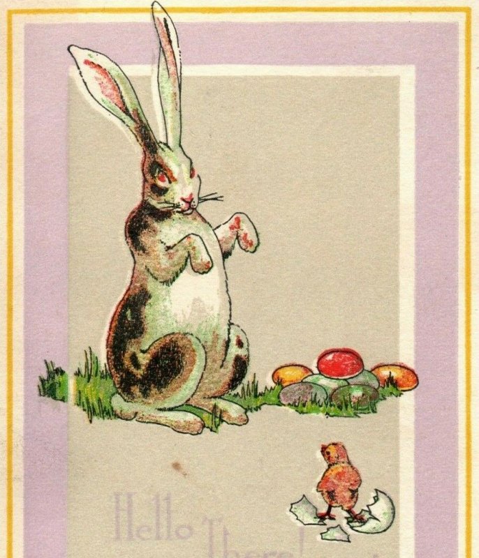 1910 Cute Easter Bunny Colored Eggs Chick Postcard P92