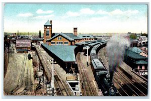 1909 Train Depot Station Exterior Locomotive Bridgeport Connecticut CT Postcard