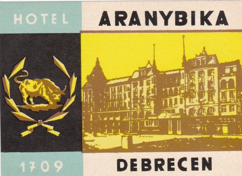 Hungary Debrecen Hotel Aranybika Vintage Luggage Label sk3734