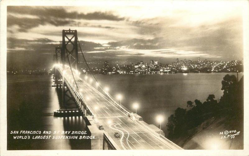 1936 Piggott RPPC 1248 San Francisco & SF Bay Bridge World's Largest Suspension