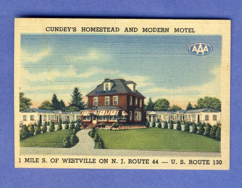 Cundey's Motel Business Card/Mini-Postcard, Westville, New Jersey/NJ