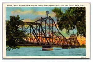 Illinois Central Railroad Bridge Omaha NE Council Bluffs UNP Linen Postcard N24