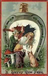 New Year Fantasy - Gnomes Elves Pig & Sleeping Girl  c191...