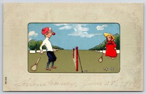 Kids Playing Kawn Tennis Sports Recreation Comic Souvenir Card Postcard