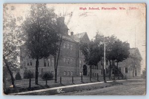 Platteville Wisconsin WI Postcard High School Building Exterior View Trees 1910