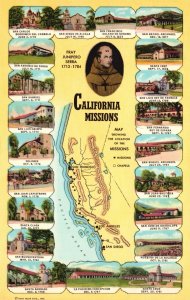 Vintage Postcard Founding of Spanish Missions in California Historic Monuments