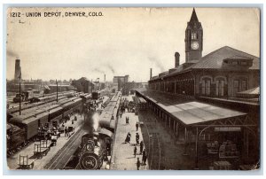 1915 Union Depot Train Station Push Cart Passenger Clock View Denver CO Postcard