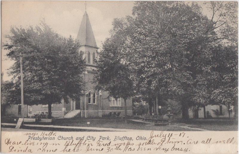 BLUFFTON Ohio Postcard Allen County Lima c1910 PRESBYTERIAN CHURCH CIty Park #8