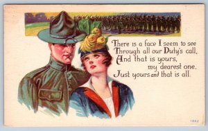 WWI Era Soldier With Sweetheart, Duty Calls, Antique 1917 Postcard 1362