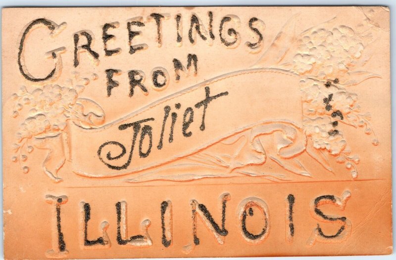 c1910s Joliet, IL Greetings Mica Glitter Embossed Postcard Illinois ILL Vtg A66