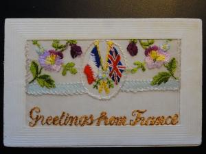 WW1 Embroiderd Silk Postcard Greetings from France Notes from Olga Kitchen