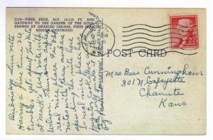 Dubois, Wyoming to Chanute, Kansas 1957 mailed Linen Postcard, Pikes Peak