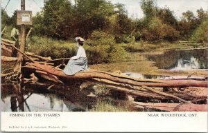 Woodstock Ontario Woman Fishing On The Thames c1907 Warwick & Rutter Postcard G9