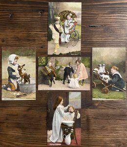 Lot 4 british vintage postcards children playing scenes happy days puppy dog pet 