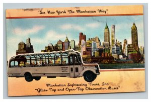 Vintage 1940's Advertising Postcard Manhattan Sightseeing Tours Glass Top Bus