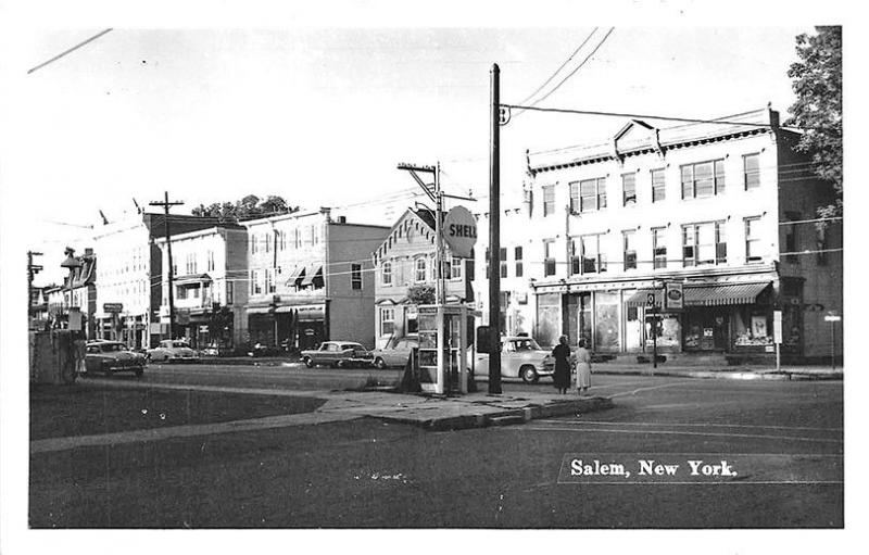 Salem NY Street View Store Fronts Shell Gas Station Old Cars RPPC Postcard