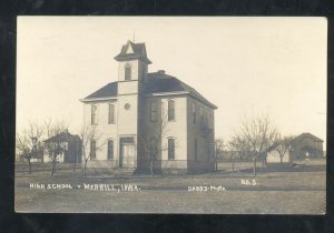 RPPC MERRILL IOWA HIGH SCHOOL BUILDING DABBS VINTAGE REAL PHOTO POSTCARD