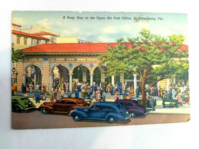 Vintage Postcard A busy Day at the Open Air Post Office St. Petersburg FL