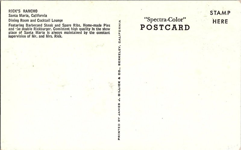 Rick's Rancho Santa Maria Dining Room Vintage Chrome Postcard