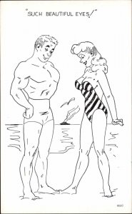 Pinup Risque Humor Bathing Beauty and Hunk Comic Vintage Postcard