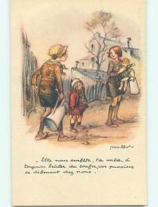 Unused Pre-Linen foreign signed FRENCH GIRL WITH DOLL BESIDE OTHER KIDS J4835@